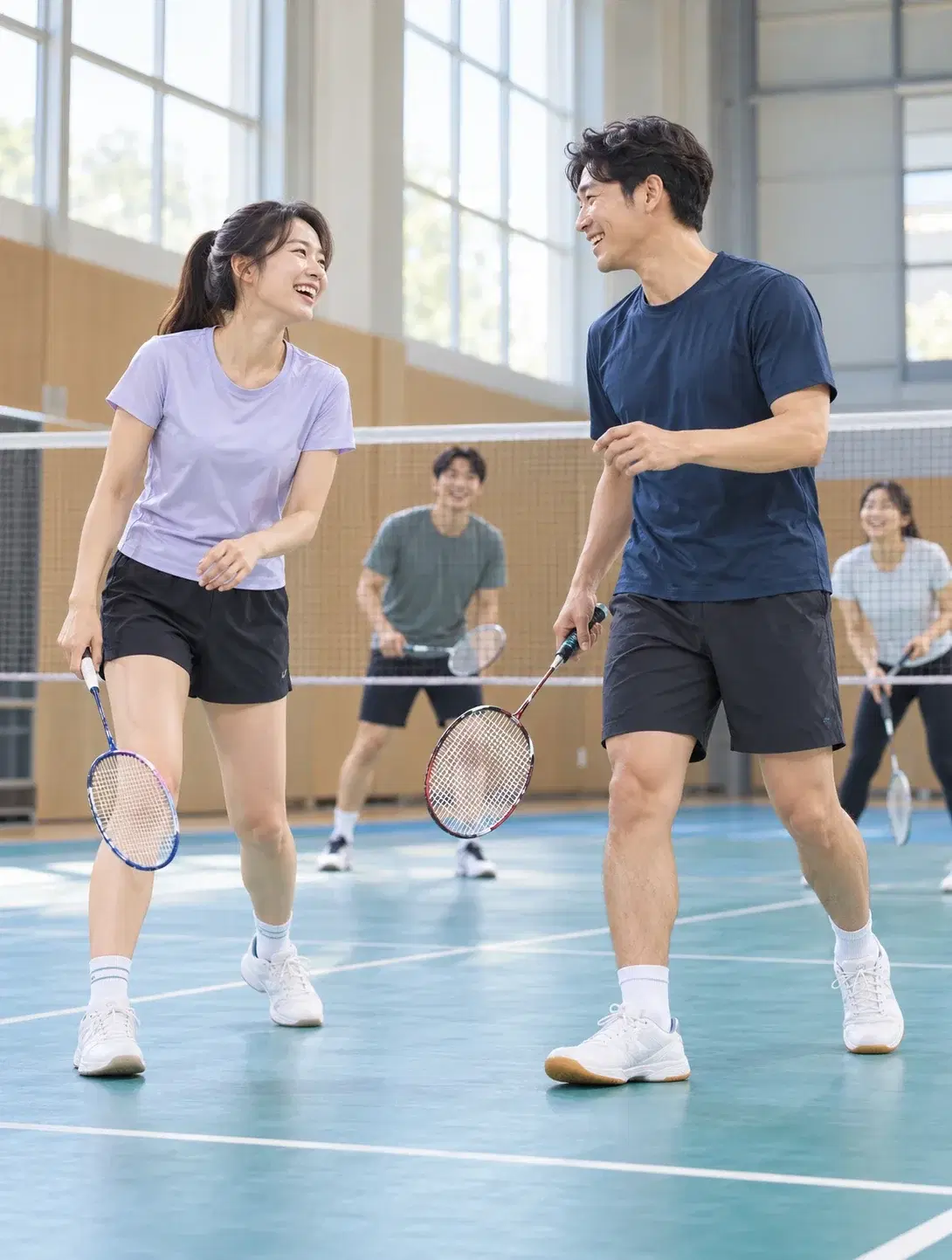 실내 체육관에서 배드민턴을 치며 웃는 직장 동료들