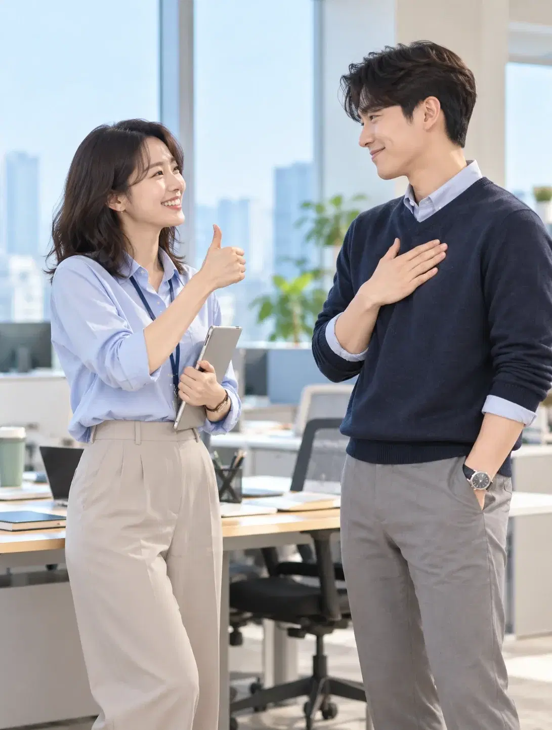 사무실에서 엄지를 들어 동료를 칭찬하고, 동료가 가슴에 손을 얹어 고마움을 표하는 모습