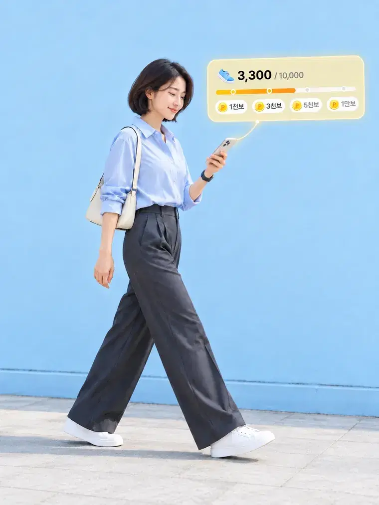휴대폰으로 걸음 수 3,300보를 확인하며 걷는 직장인