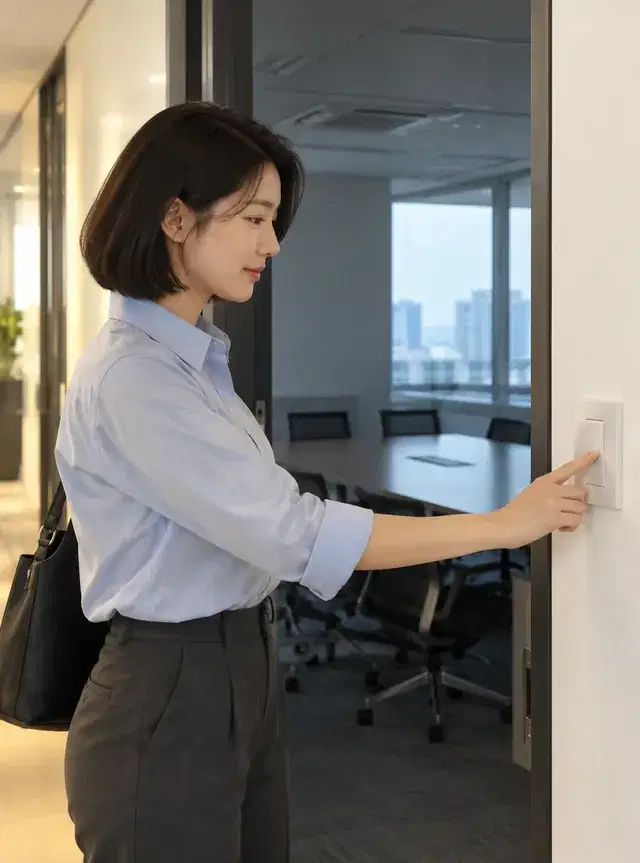 회의실을 나서며 조명 스위치를 끄는 직장인
