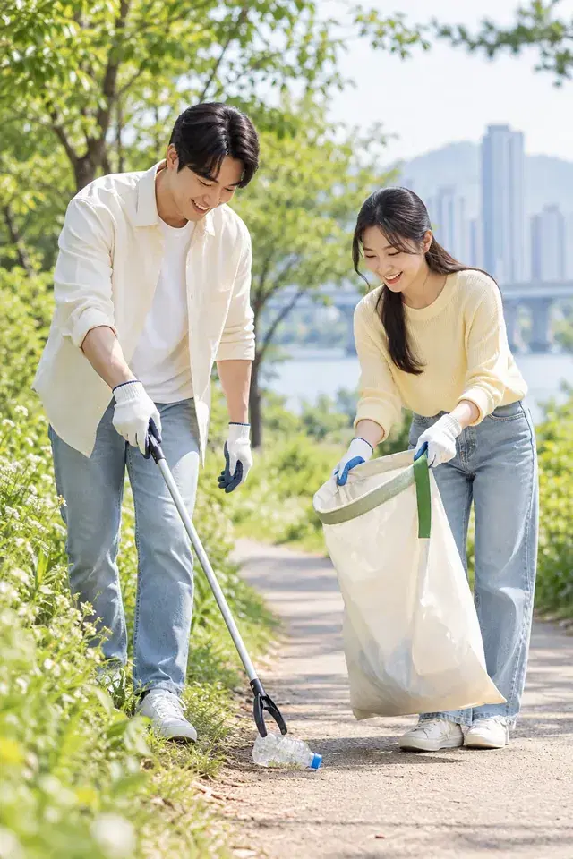 강가 산책로에서 집게와 봉투로 쓰레기를 줍는 두 사람