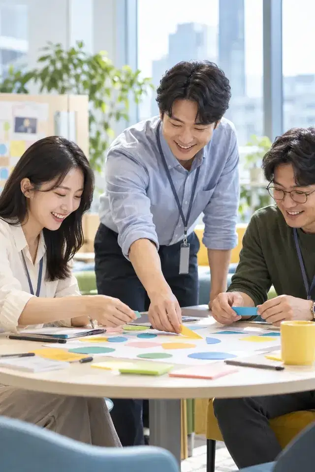 테이블에 모여 색색의 메모지로 함께 아이디어를 정리하는 동료들