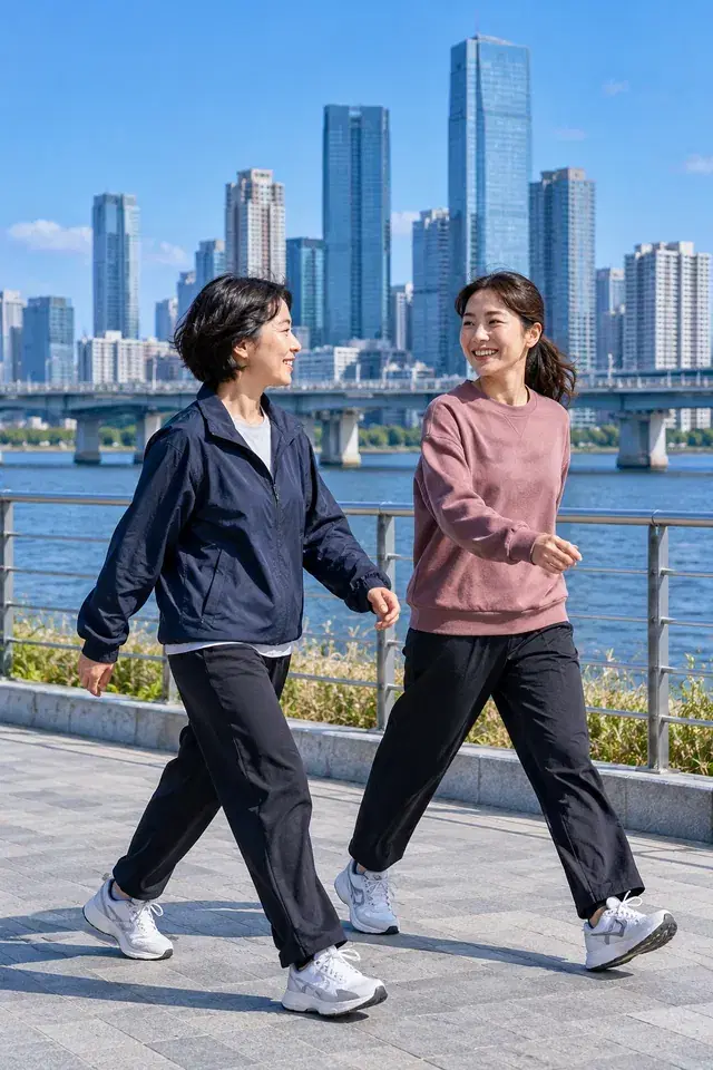 강변 산책로를 이야기하며 함께 걷는 두 사람